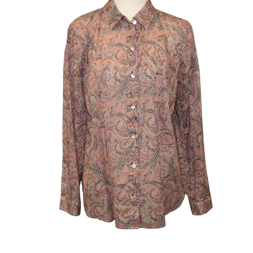 J. Jill Paisley Womens Cotton One-Pocket Shirred-Back Shirt LS Sz S Very Good